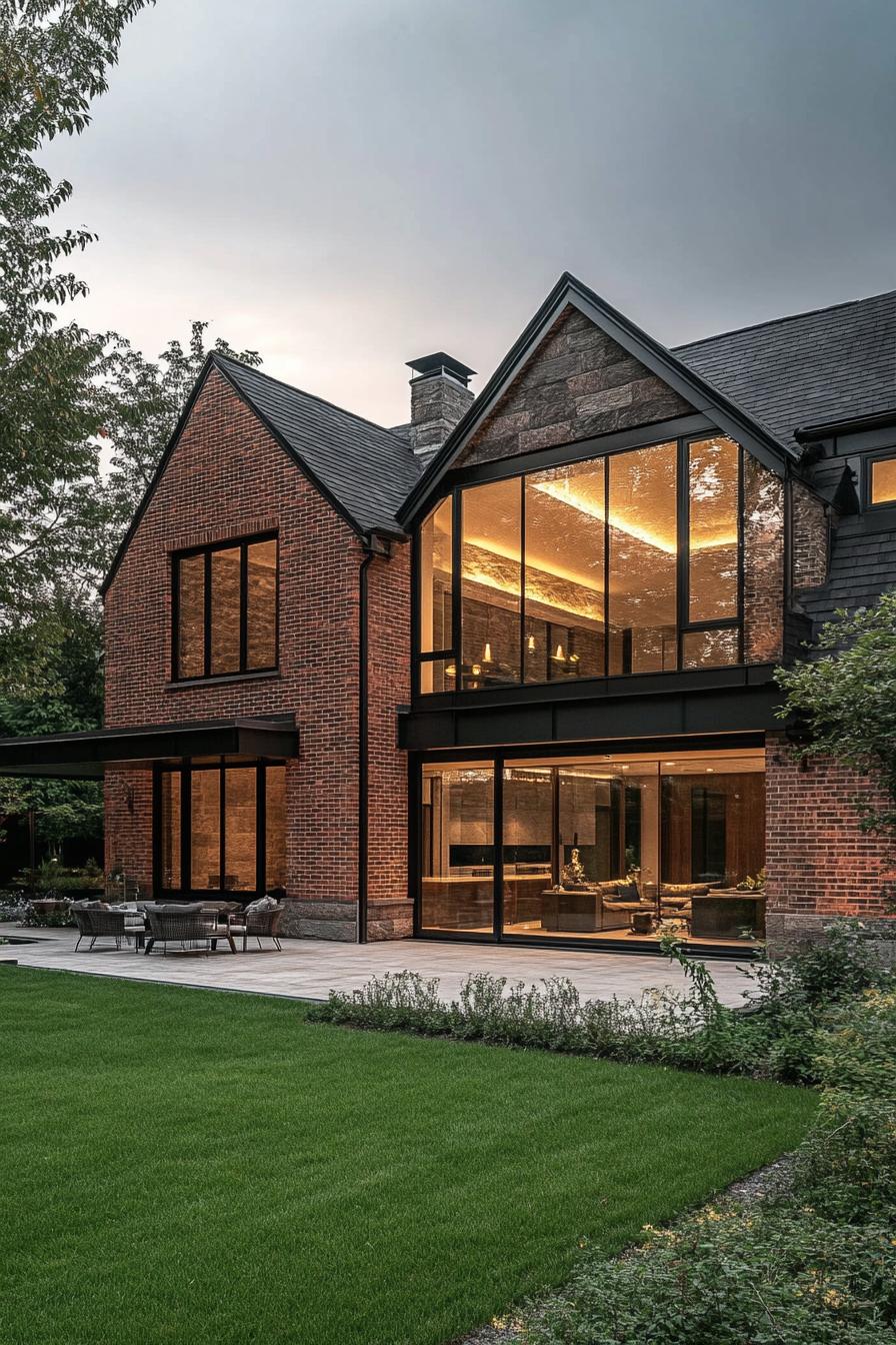 Modern suburban house with tall windows and a lush lawn