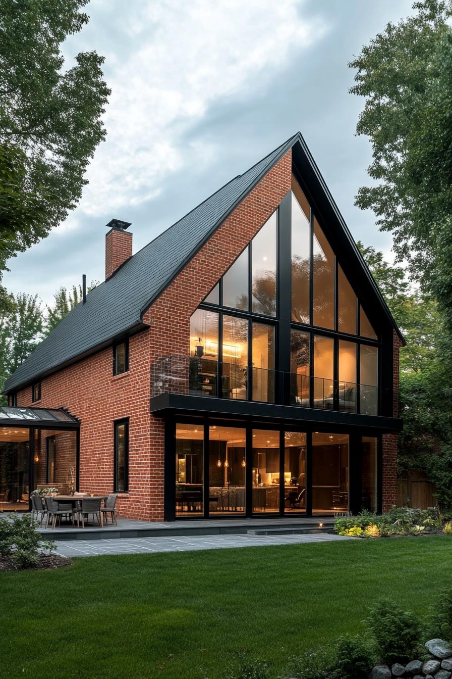 A modern brick house with large glass windows