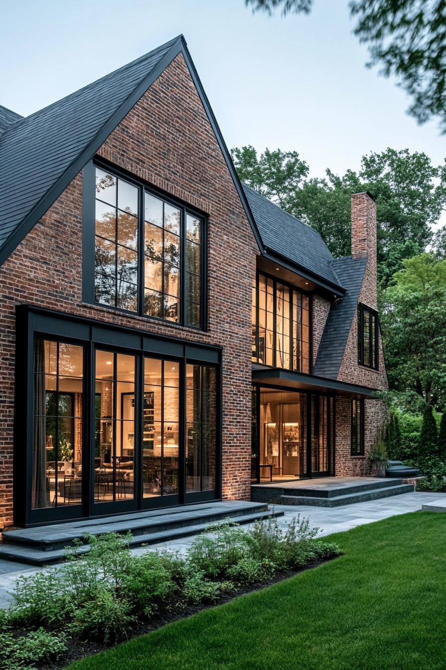 Modern suburban house with large windows and brick exterior