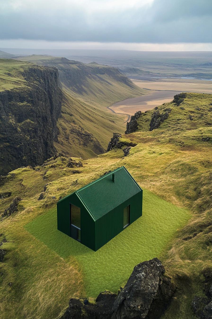 Compact green metal cabin perched on a cliff