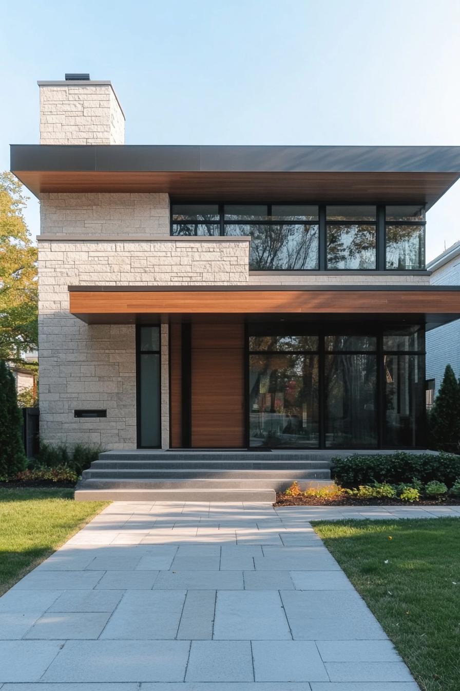 Modern two-story house with stone and glass facade