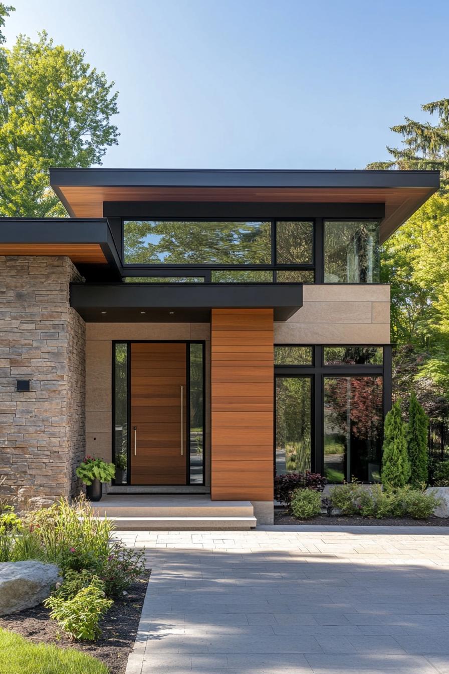 Modern house with wooden accents and glass windows