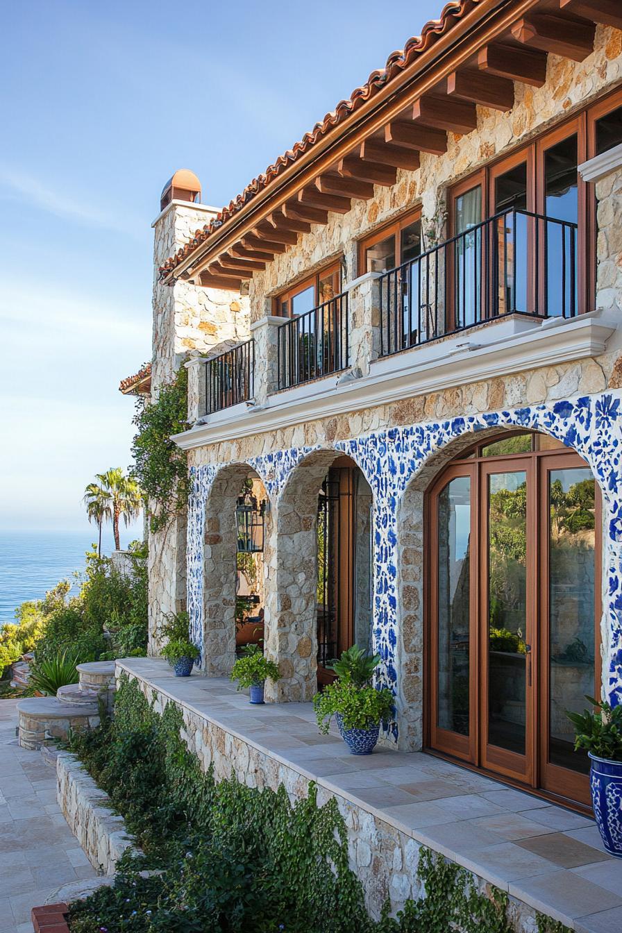 Seaside villa with stone facade and blue tile accents