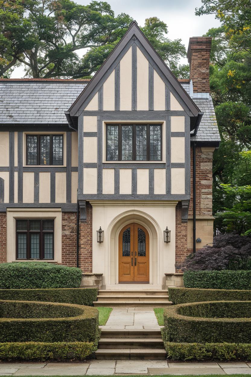 Elegant Tudor-style home with wood and brick details