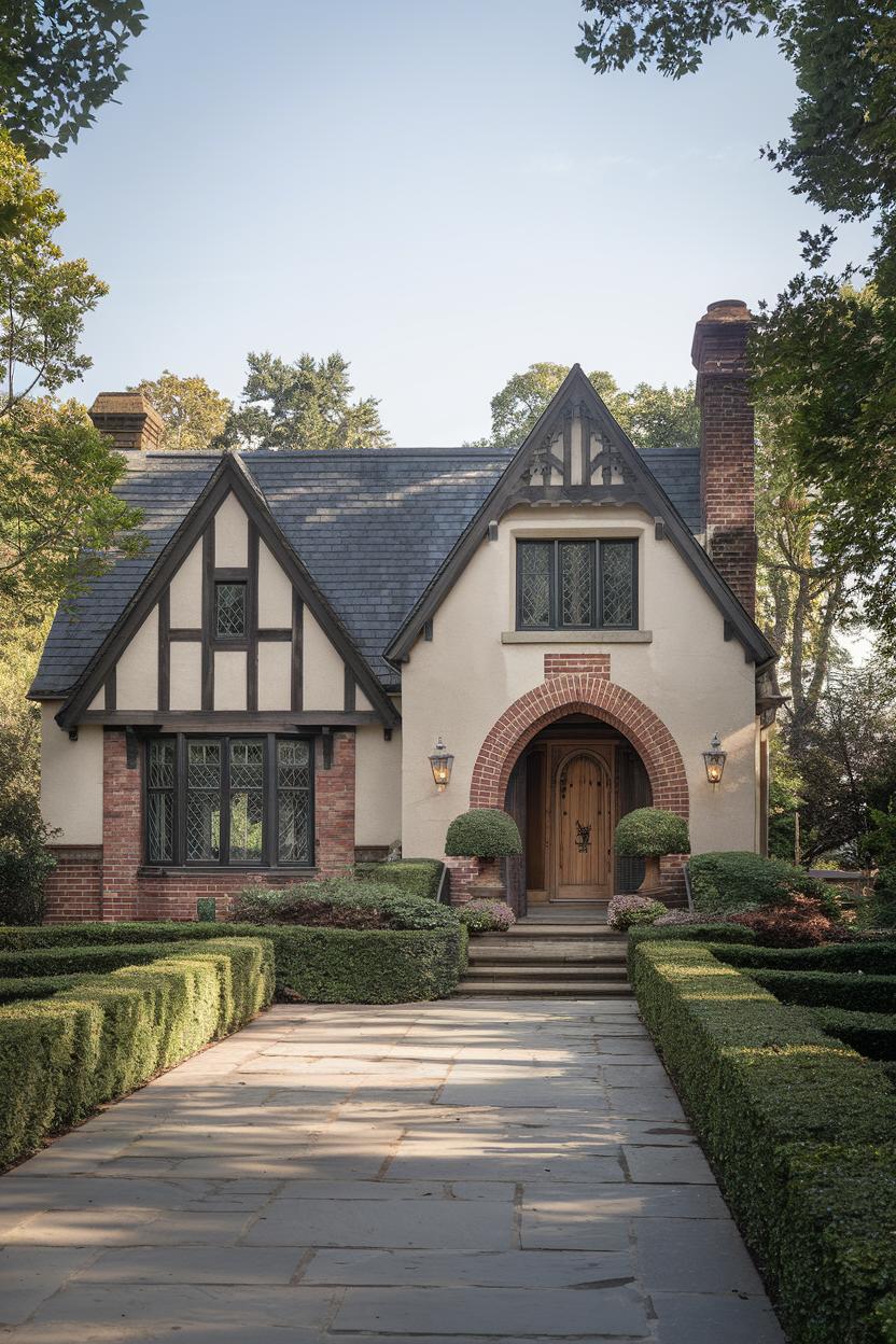 Cottage with arched entrance and manicured hedges