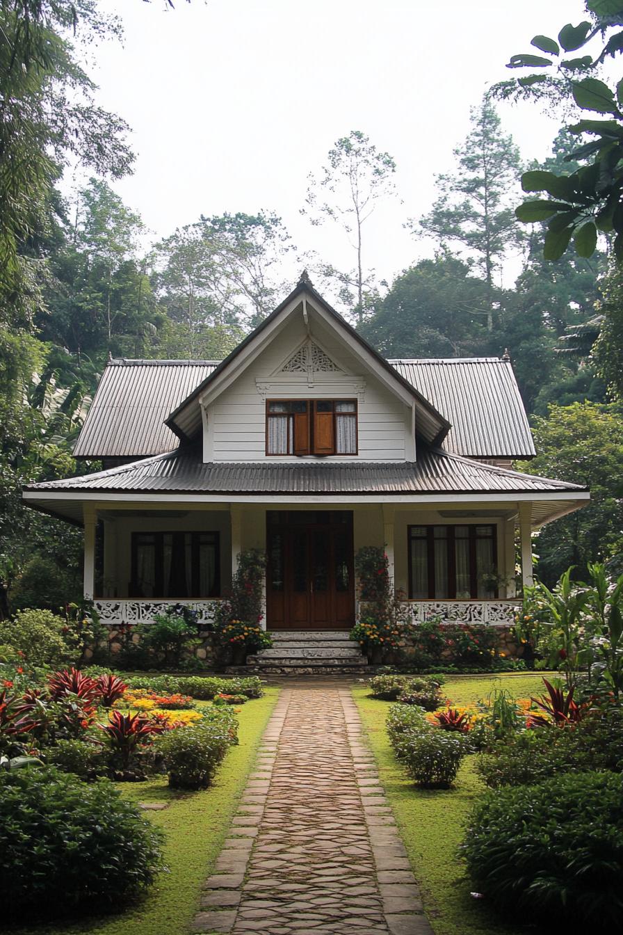 Quaint house with steep roof and lush garden