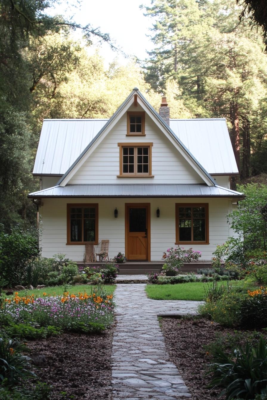 Charming white house with a lush garden path