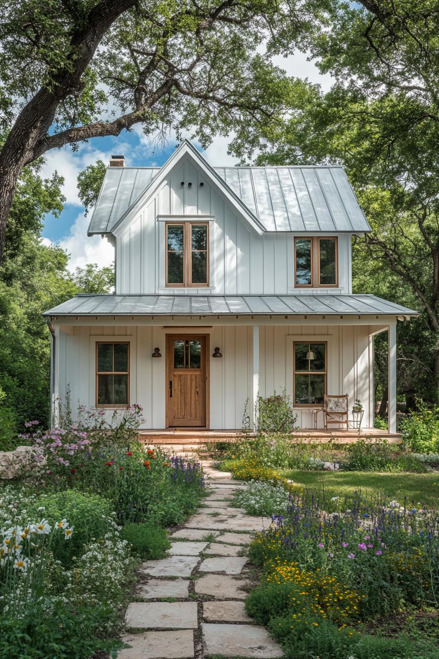 White cottage with a metal roof surrounded by lush greenery