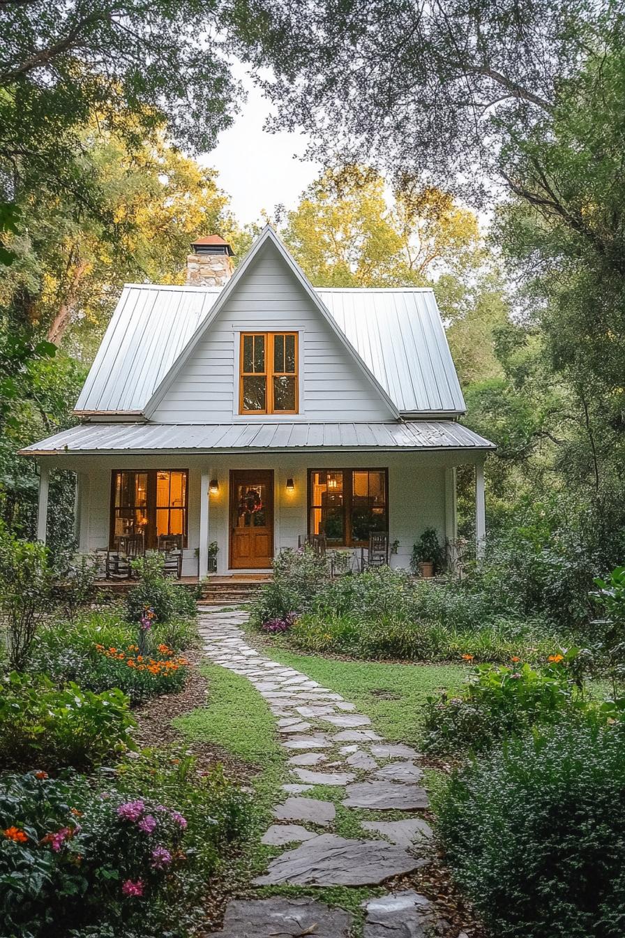 Small rustic cottage with a steep metal roof and surrounded by lush greenery