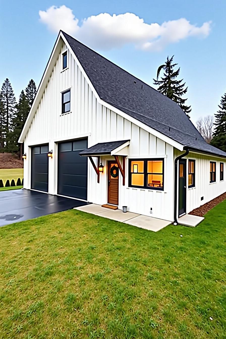 White garage house with black trim, set in a grassy lawn