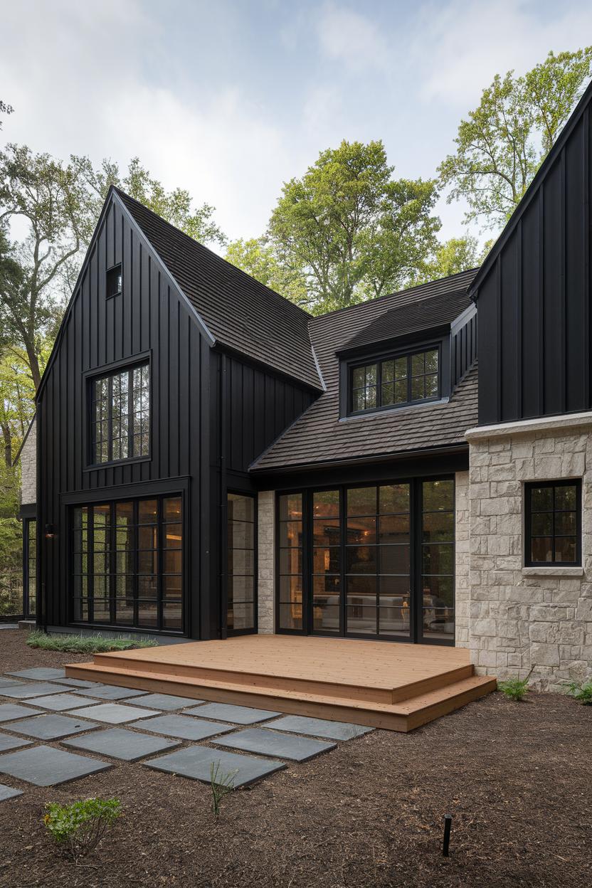 Contemporary black house with gabled roof surrounded by trees