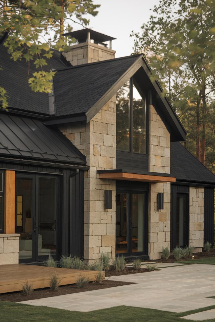 Modern black house with stone accents in a wooded area