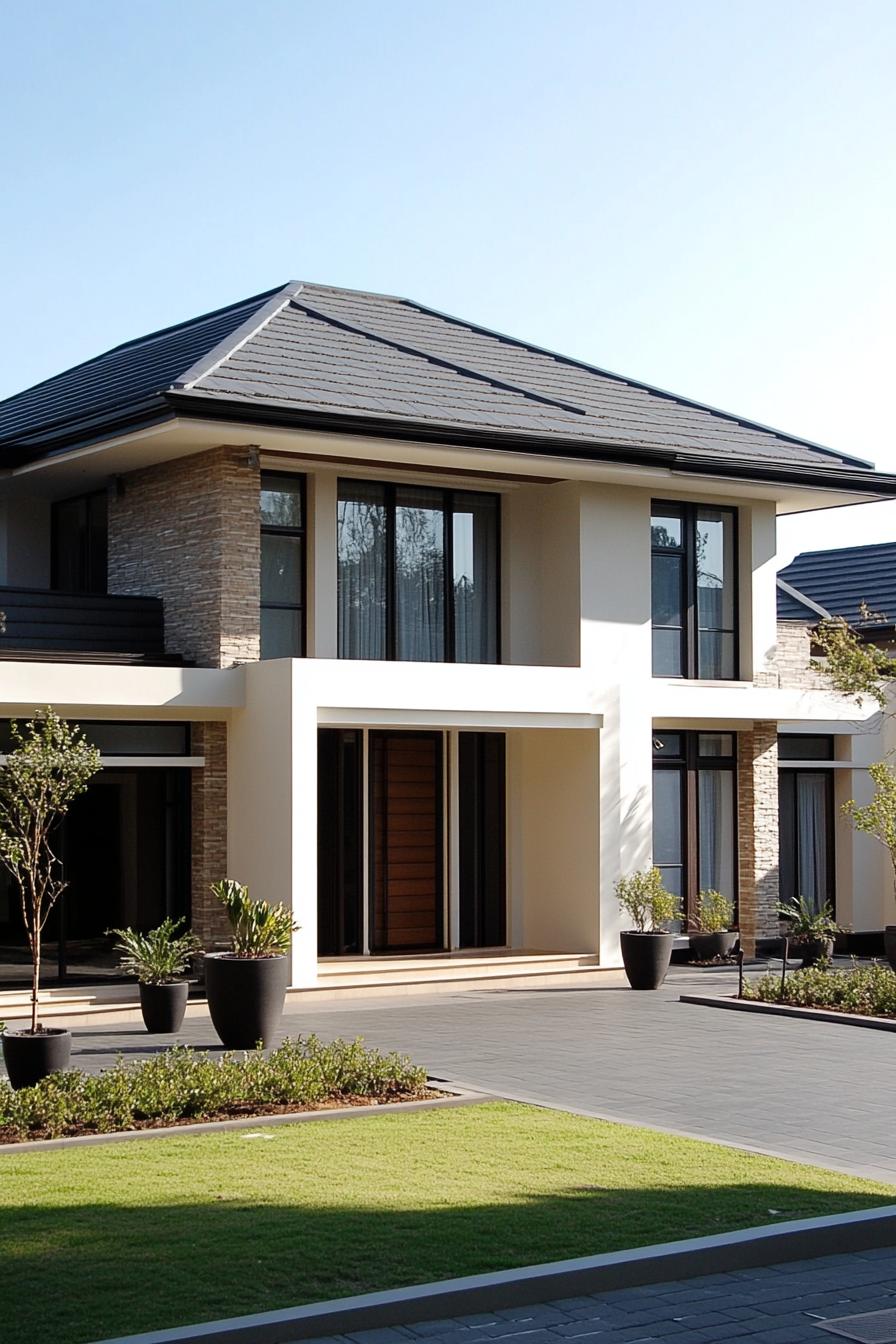 Modern two-story house with stone accents and large windows