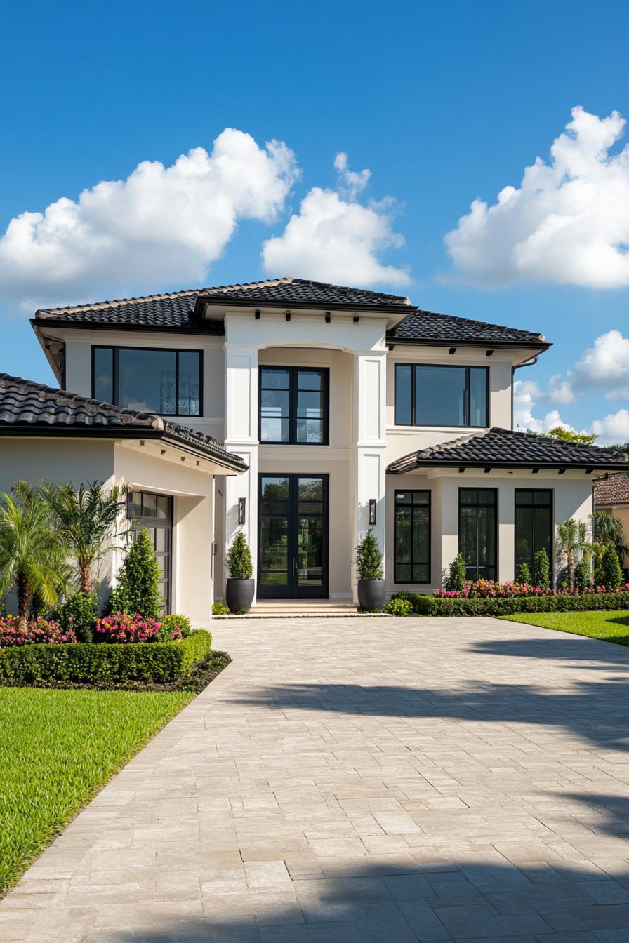 Modern house with dark roof and lush garden