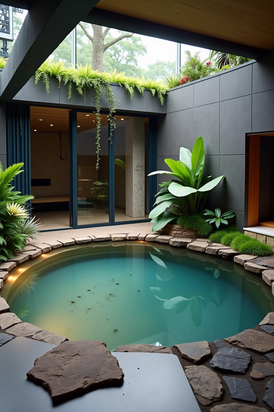 Indoor pond surrounded by lush greenery and stone accents