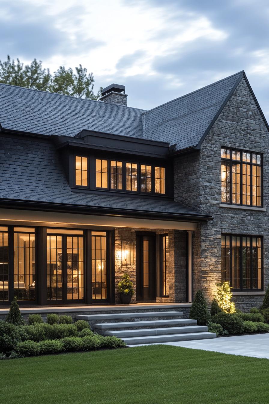 Suburban house with stone exterior and warm lighting