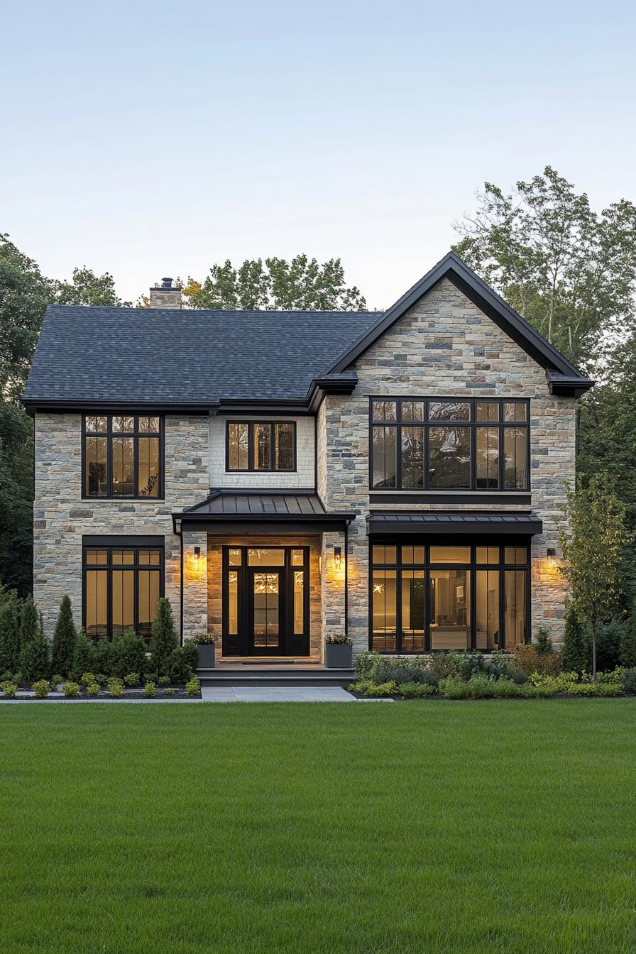 Modern suburban home with stone facade and large windows