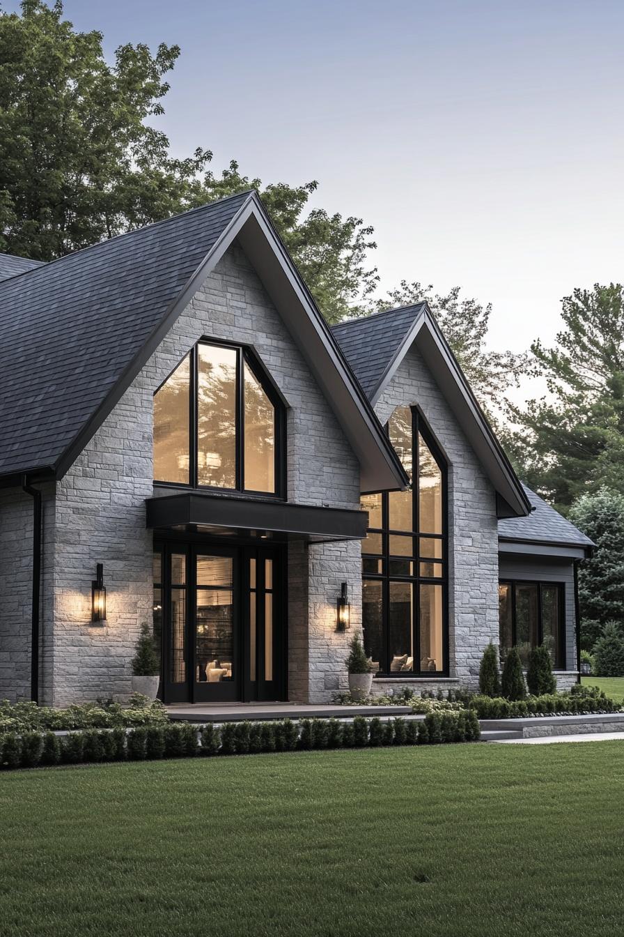 Stone facade with large windows and a lush lawn