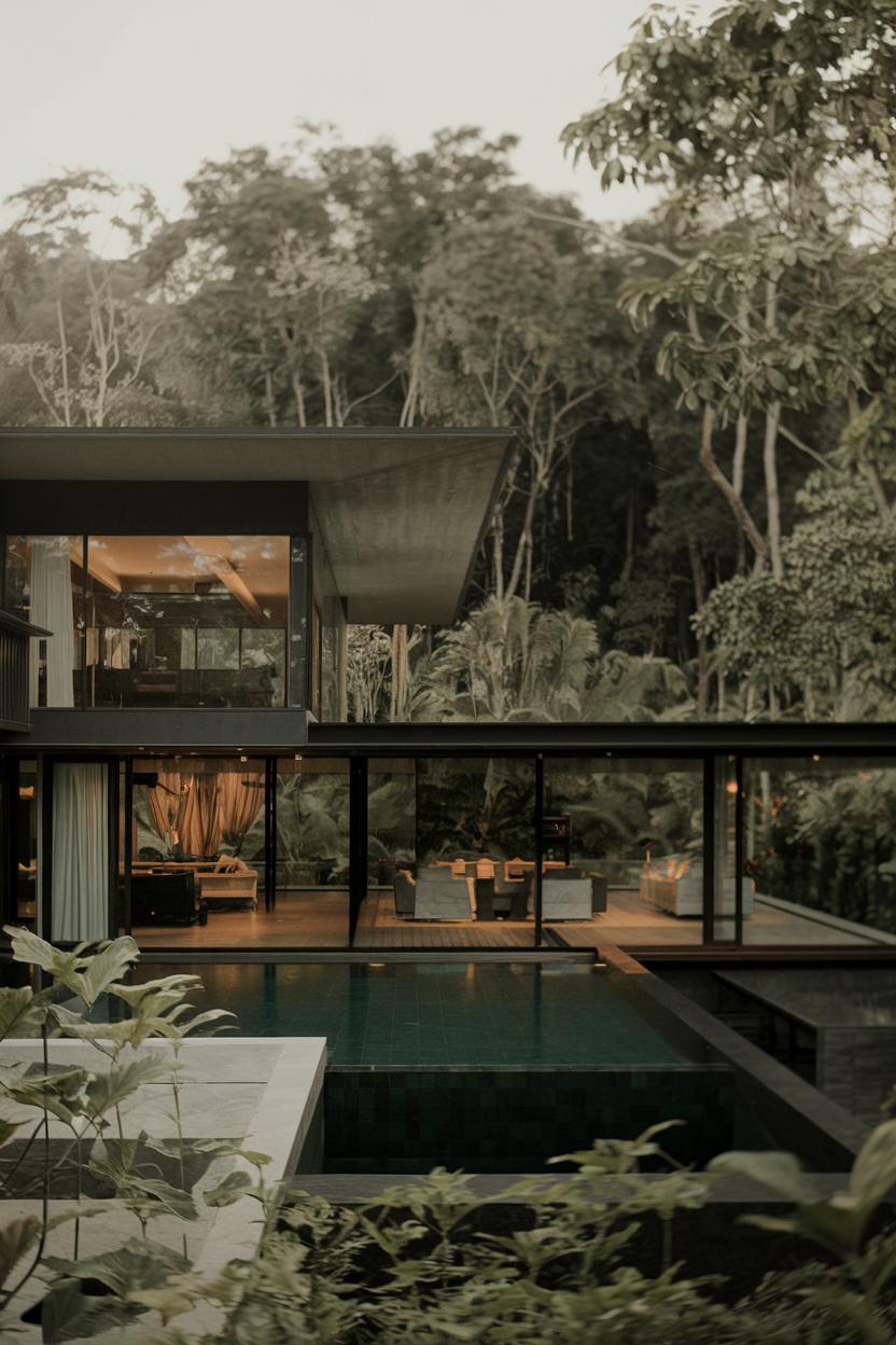 Modern villa surrounded by lush jungle, featuring large glass windows and a serene pool