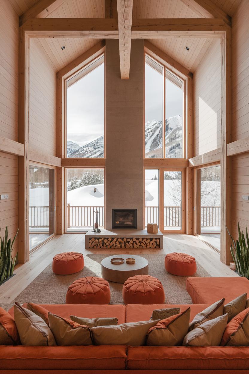 Rustic cabin interior with mountain views