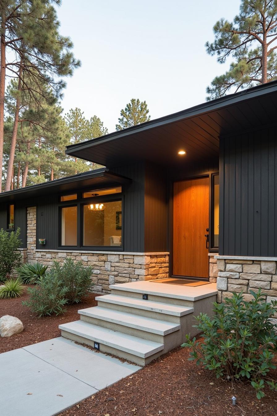 Mid-century ranch house with stone and wood elements