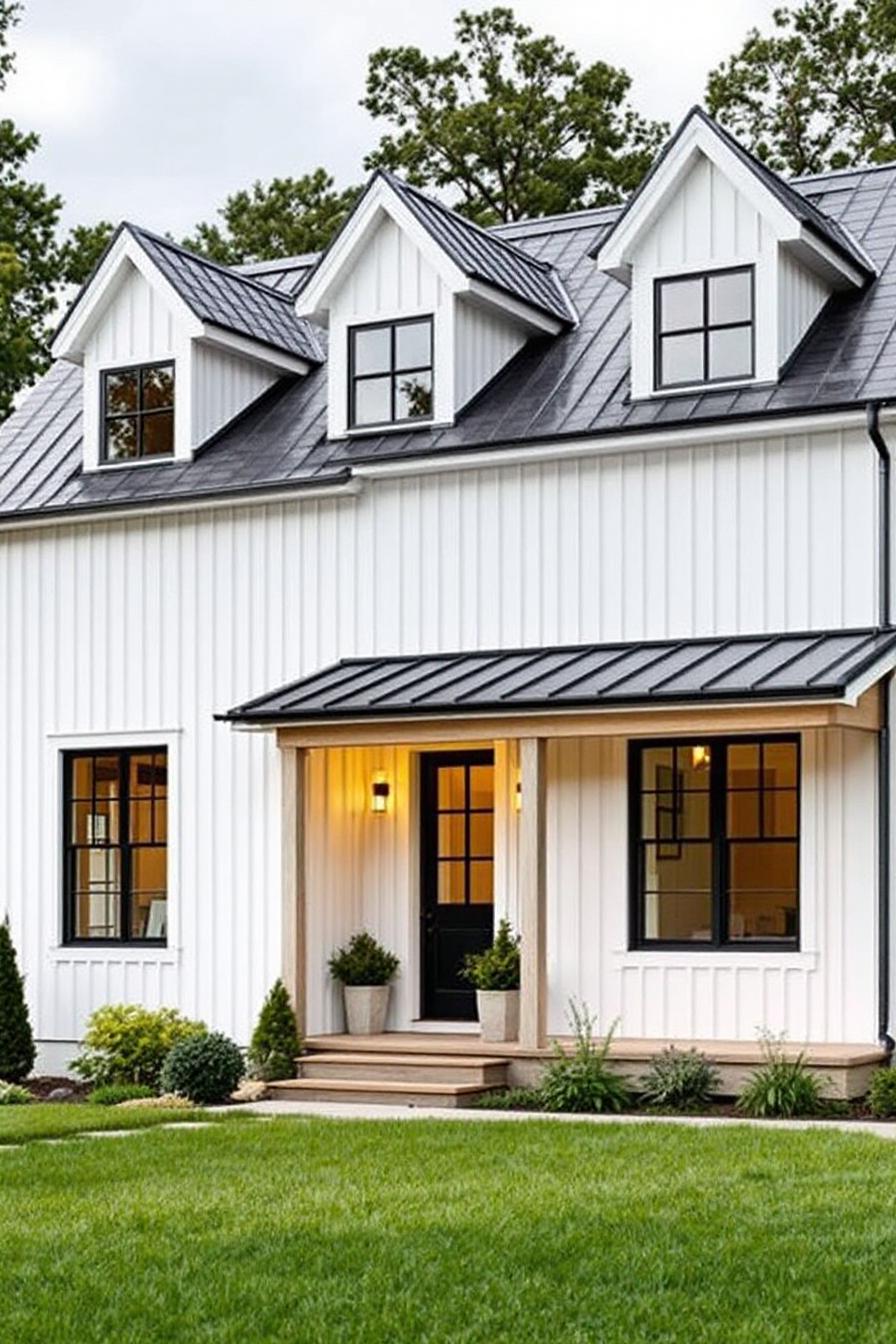 Charming white house with a black roof and lush lawn