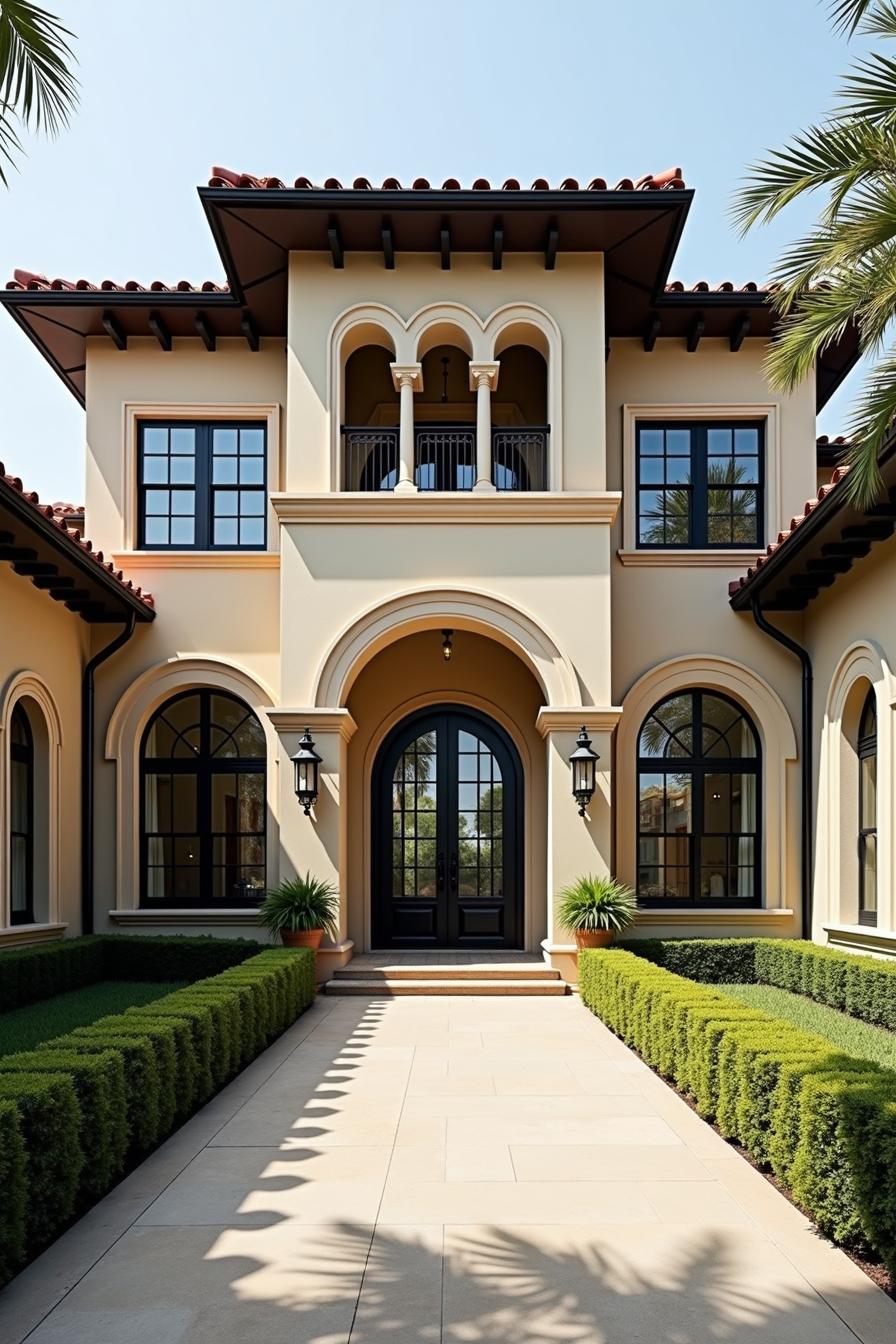 Modern Mediterranean house with arched windows and lush garden