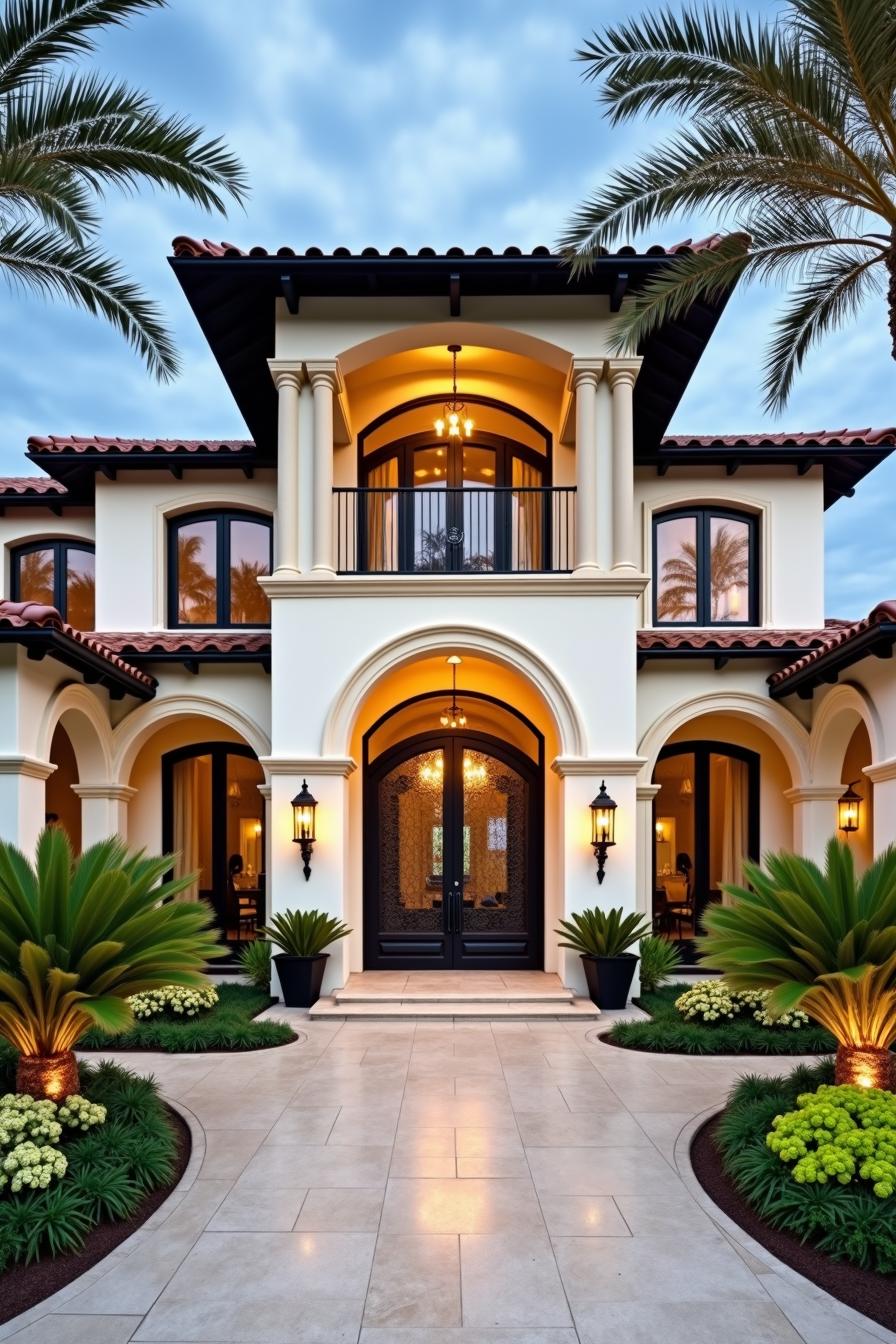 Luxurious two-story house with arches and palm trees