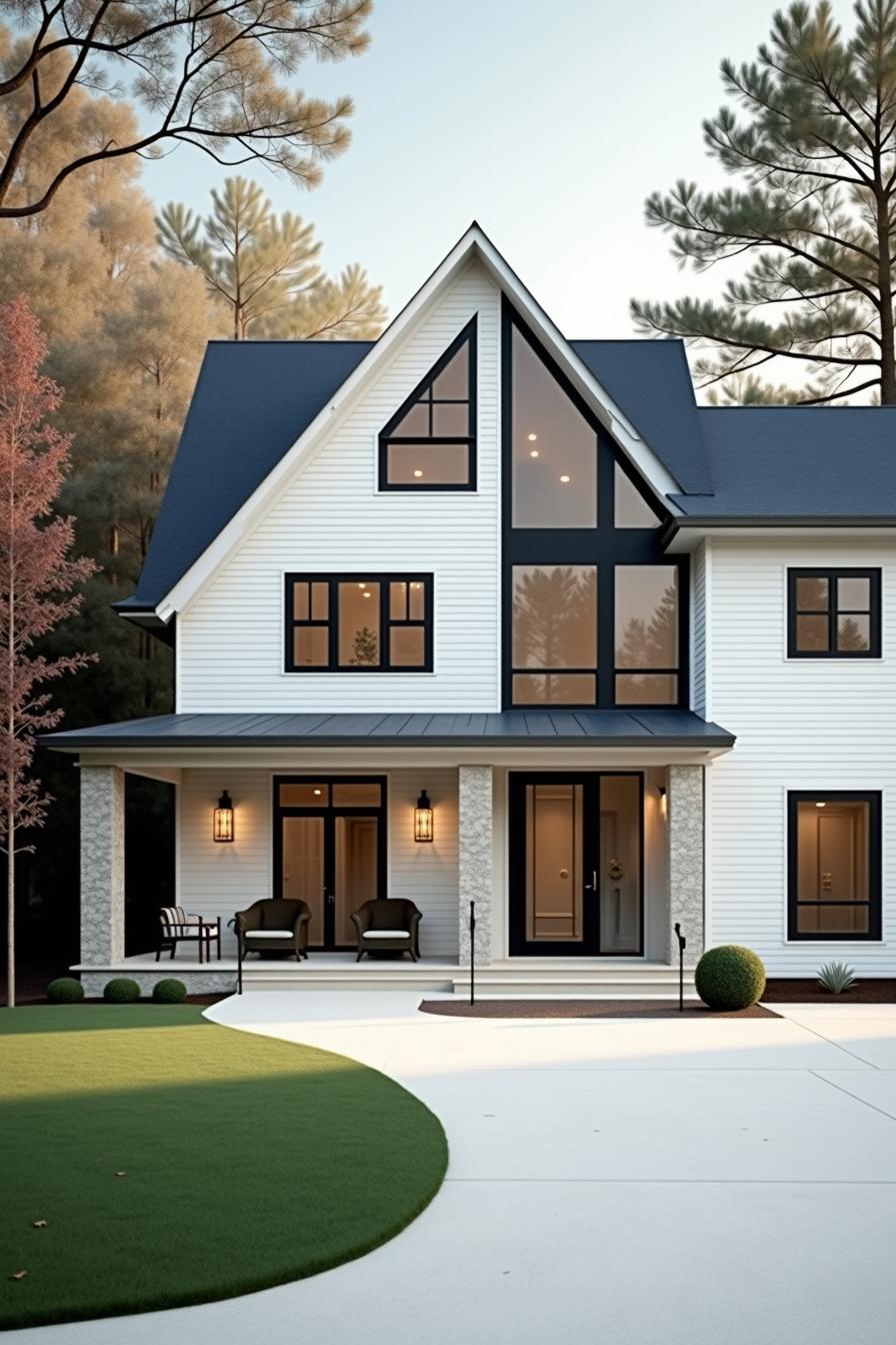 Modern white house with triangle roof and cozy porch