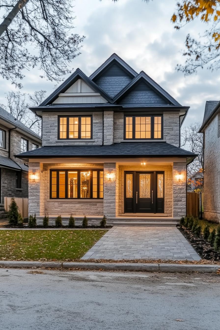 Two-Story Stone House With Warm Lights