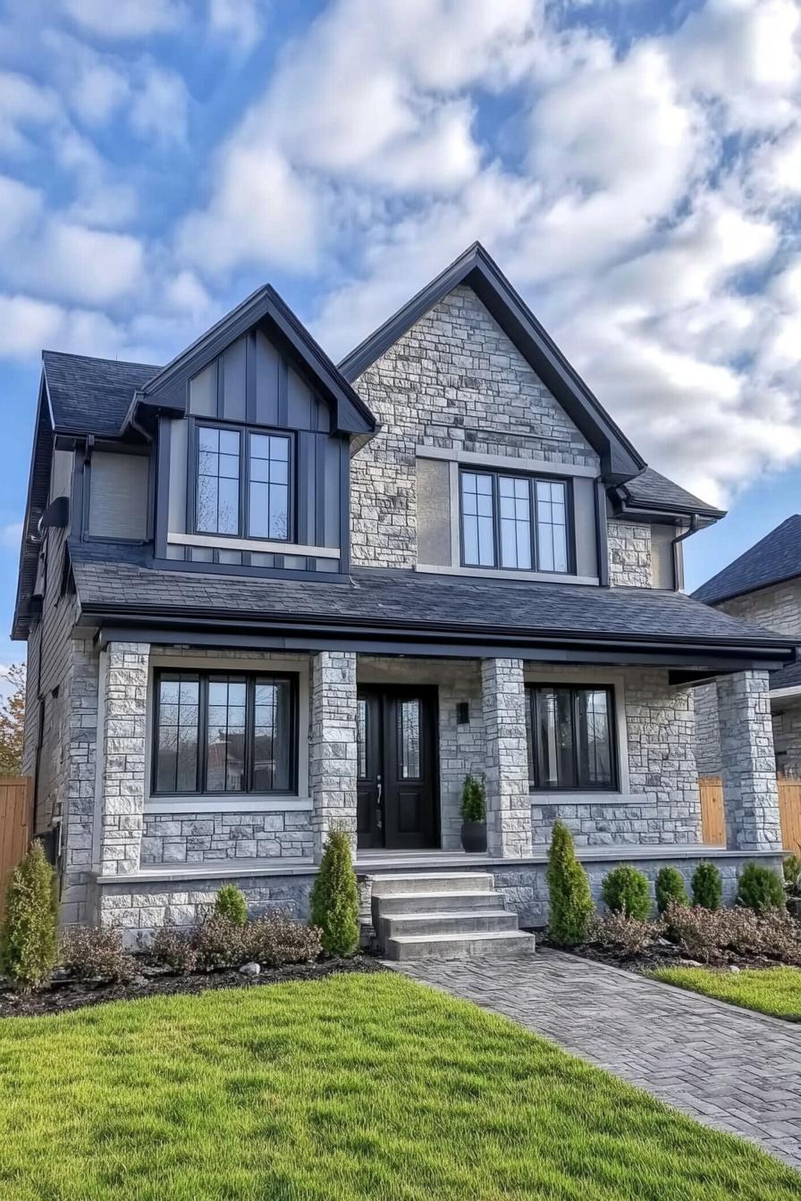 Suburban stone house with lush lawn