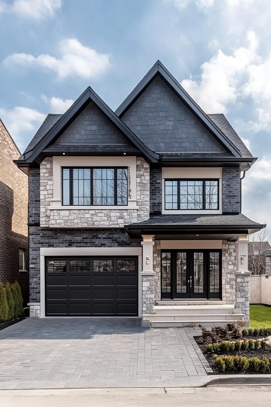 Modern suburban house with stone facade and double gables