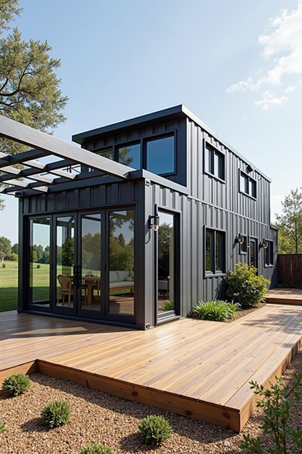 Sleek container house with deck and pergola