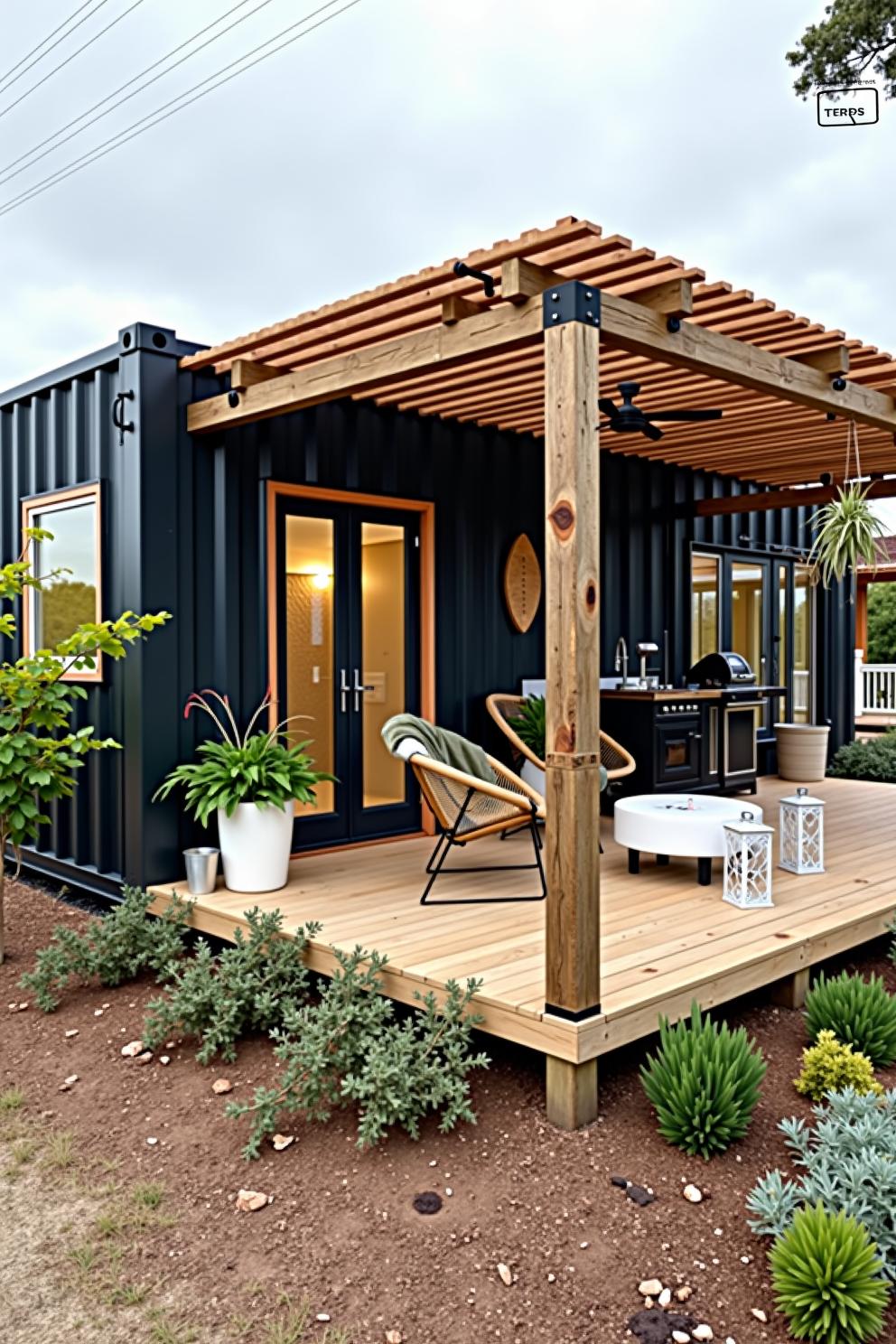 Stylish container house with a wooden deck and pergola