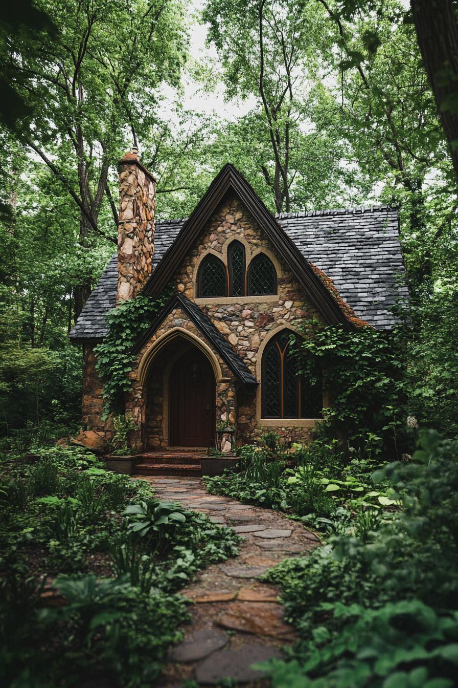 Charming stone cottage enveloped by lush forest