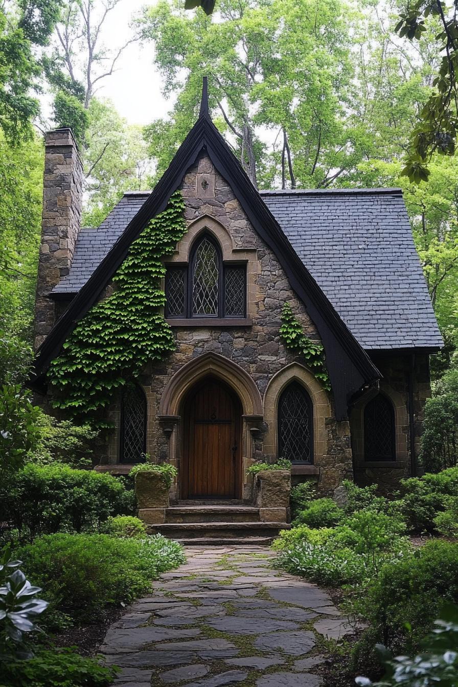 Charming stone cottage enveloped in lush greenery