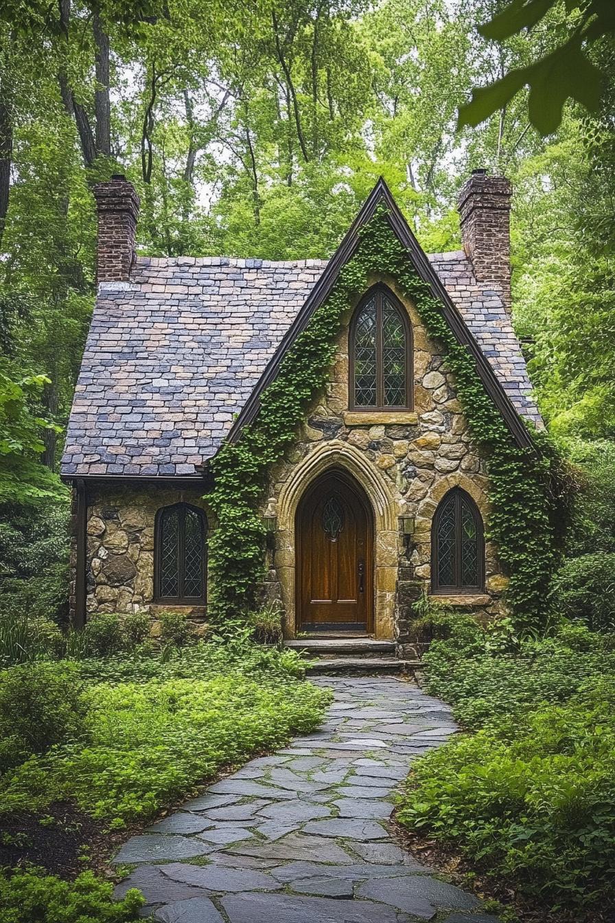 Stone cottage with arched door and ivy