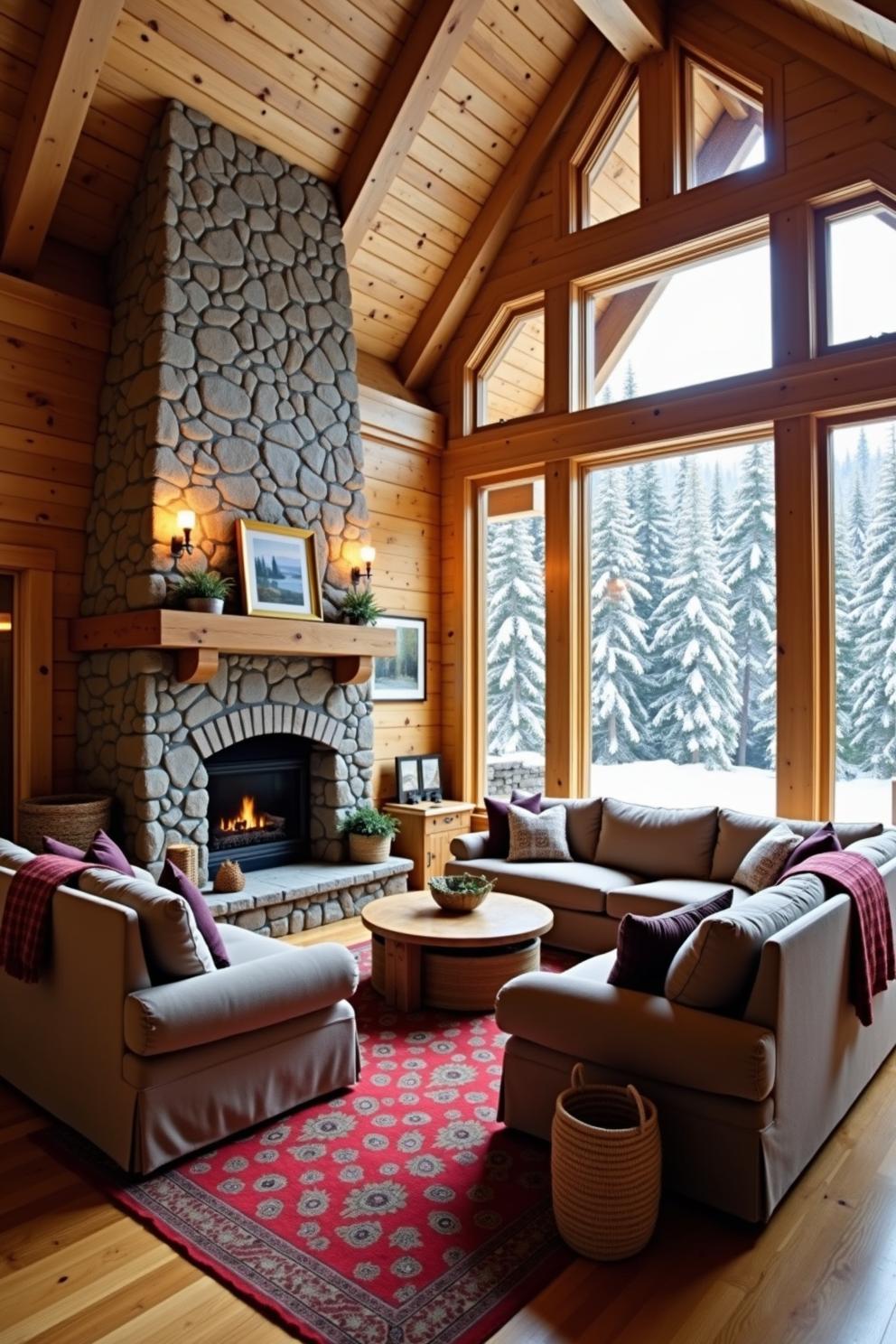 Cozy wooden cabin with large stone fireplace and snowy view