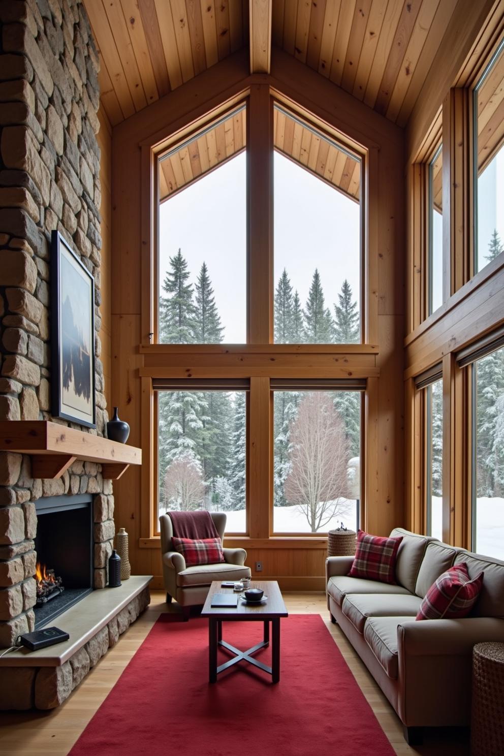 Cozy living room with towering windows, perfect for winter warmth