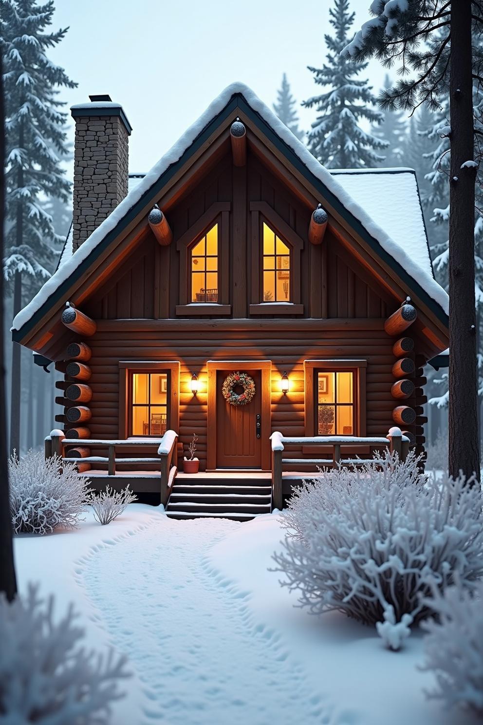 Snow-covered log cabin with warm glowing windows