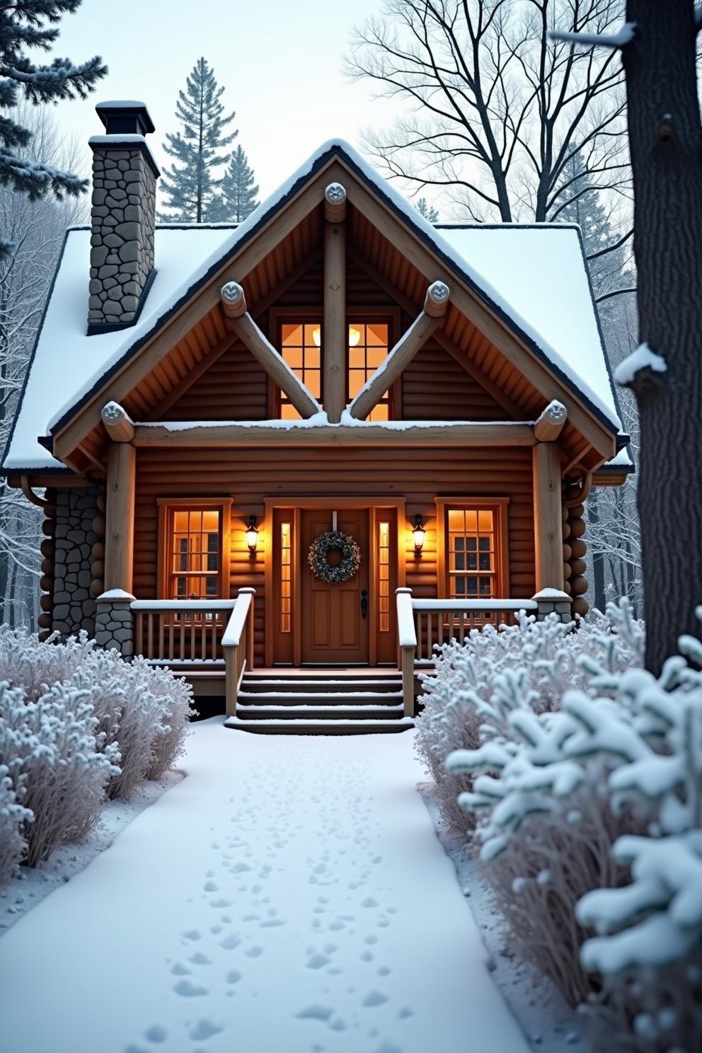 Cozy log cabin in snow with warm lights