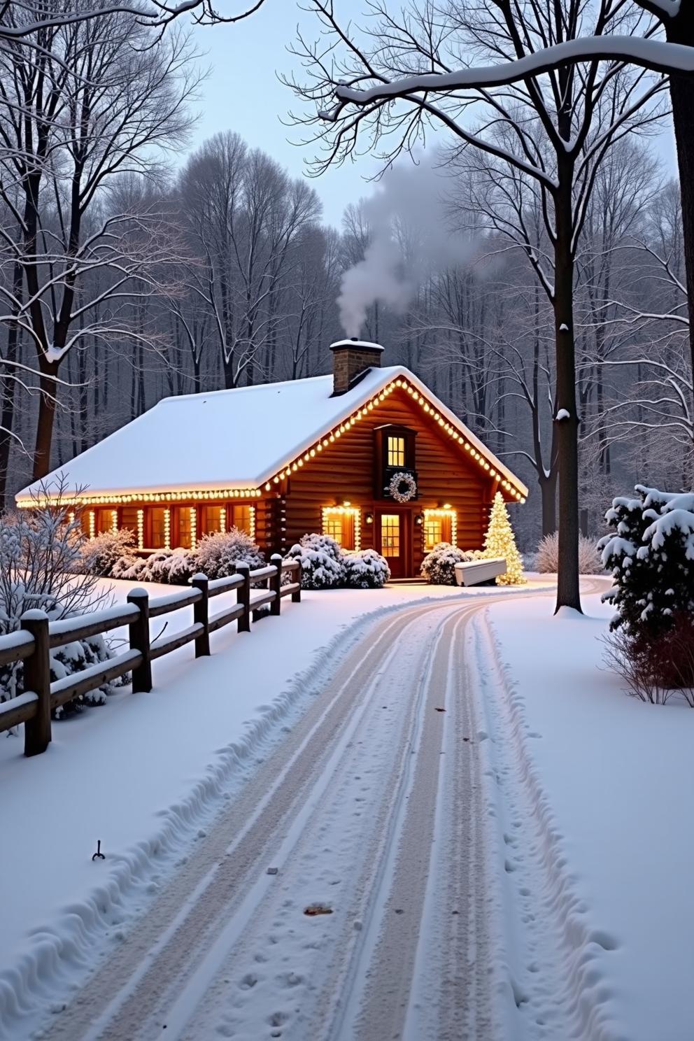 Log cabin with snow-covered roof and glowing lights