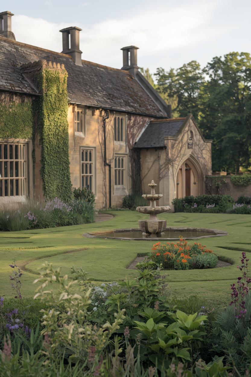 Charming stone house with ivy and a garden fountain