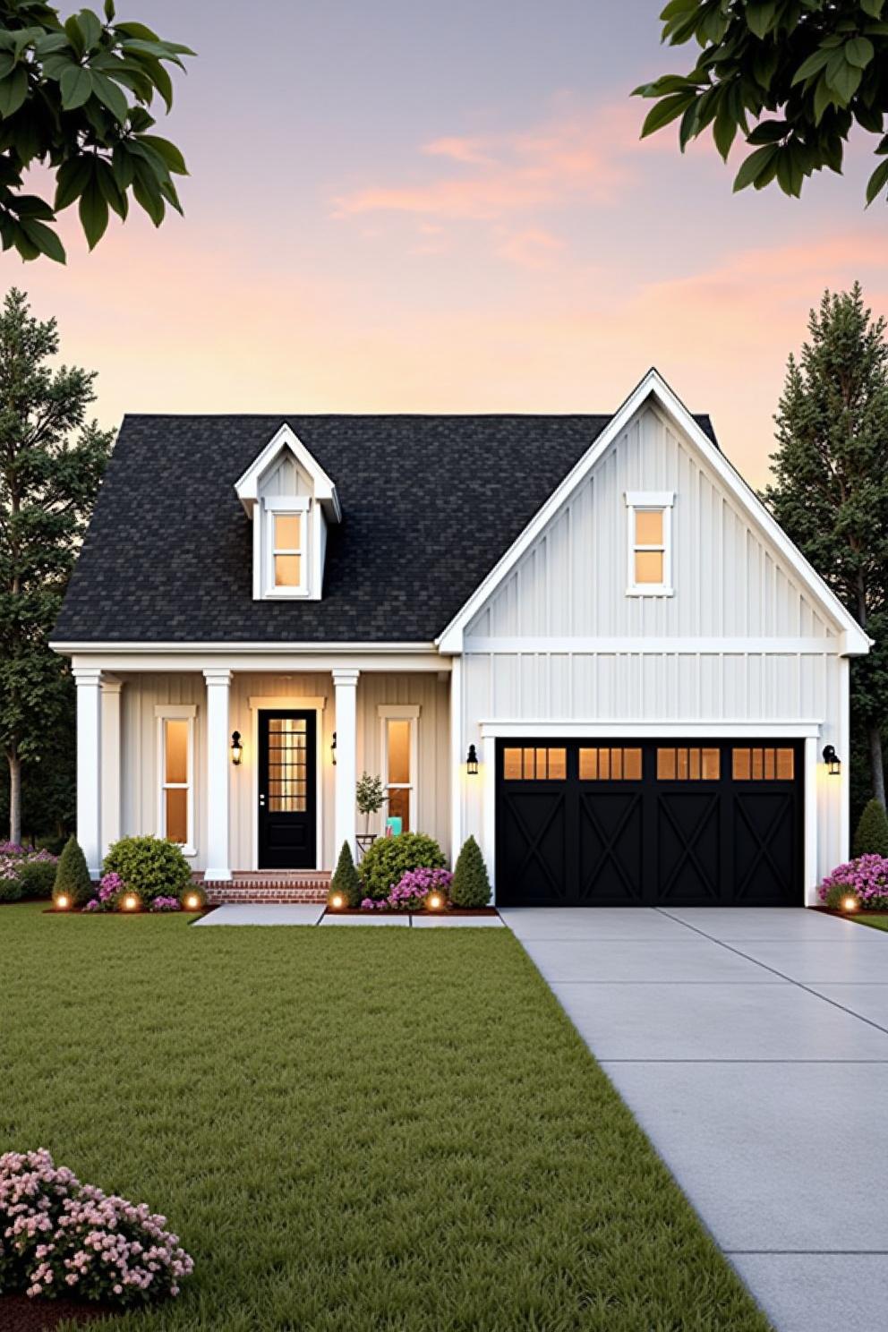 White ranch-style home with cozy porch and black accents