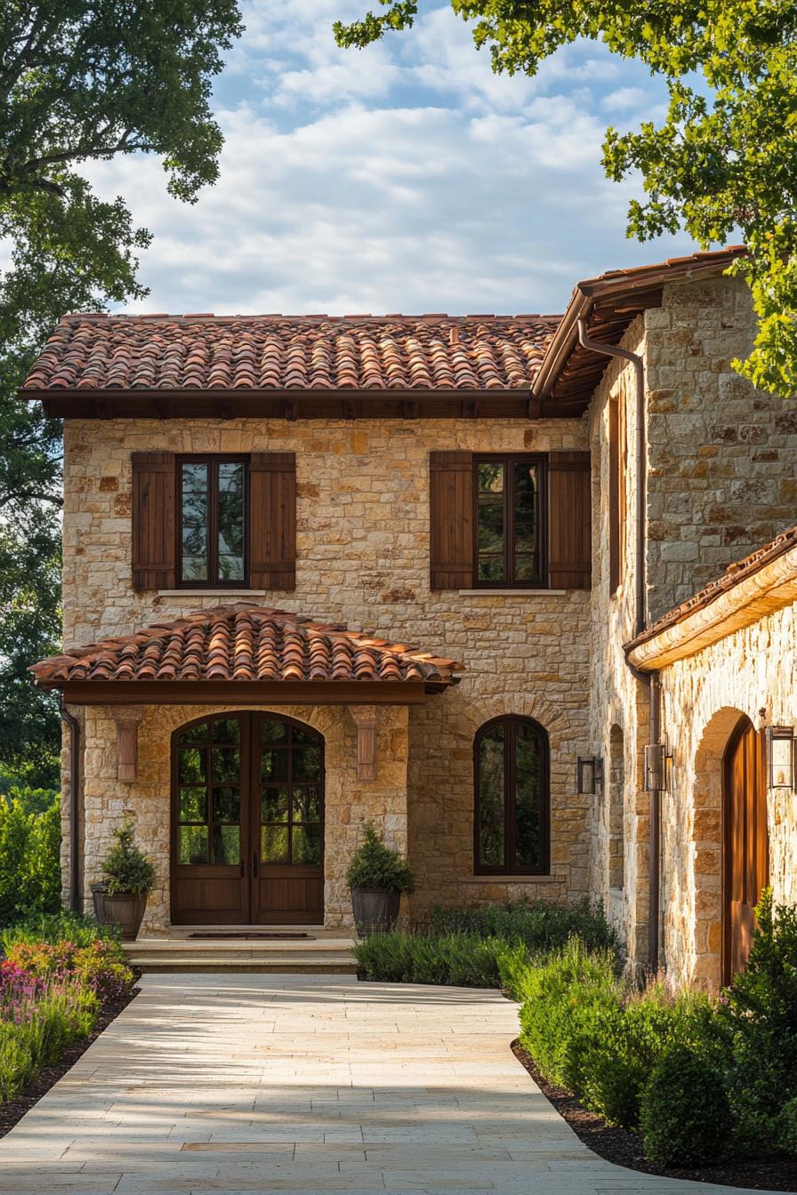 Front view of a stone Italian farmhouse with wooden shutters