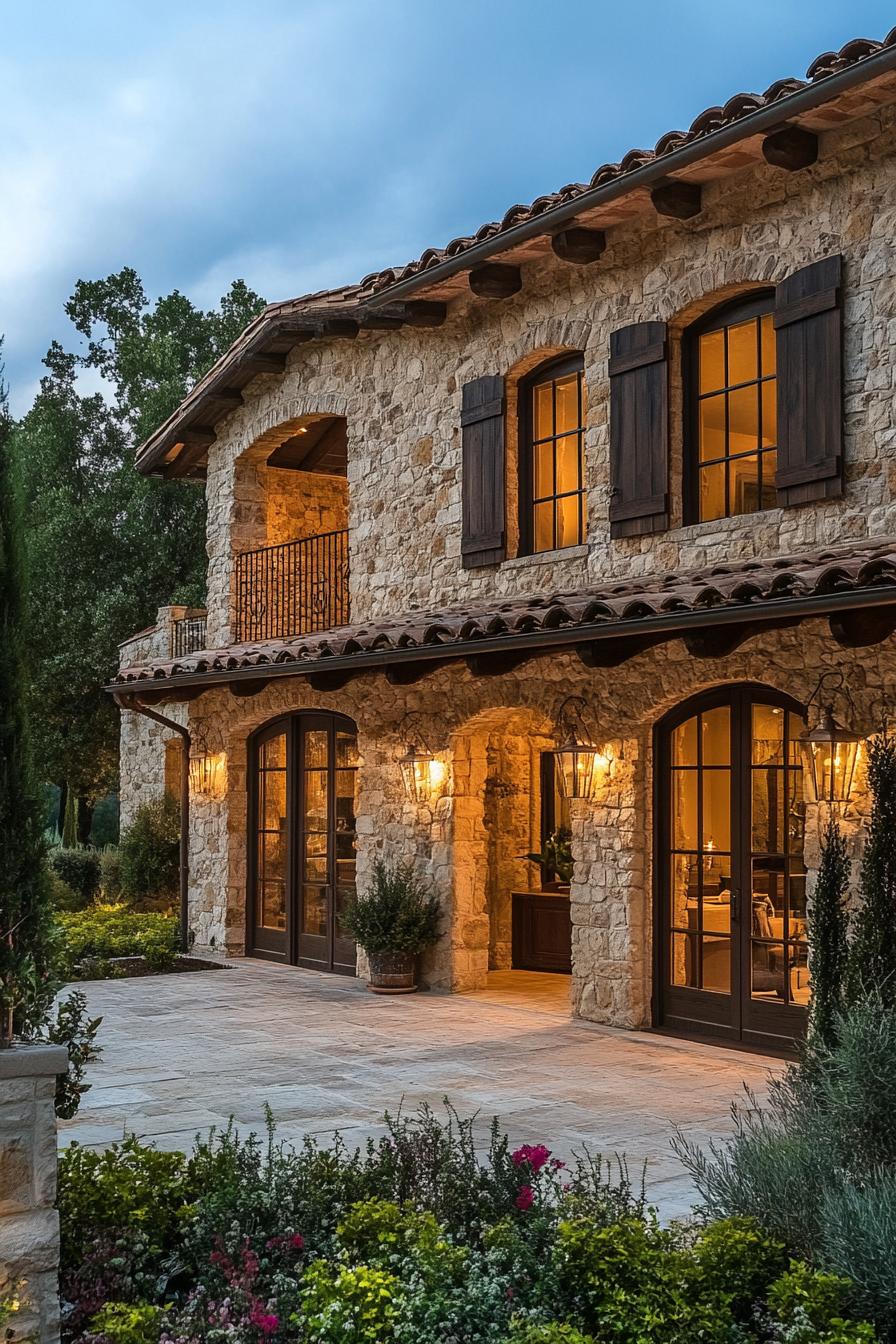 Italian farmhouse with stone facade and warm evening lights