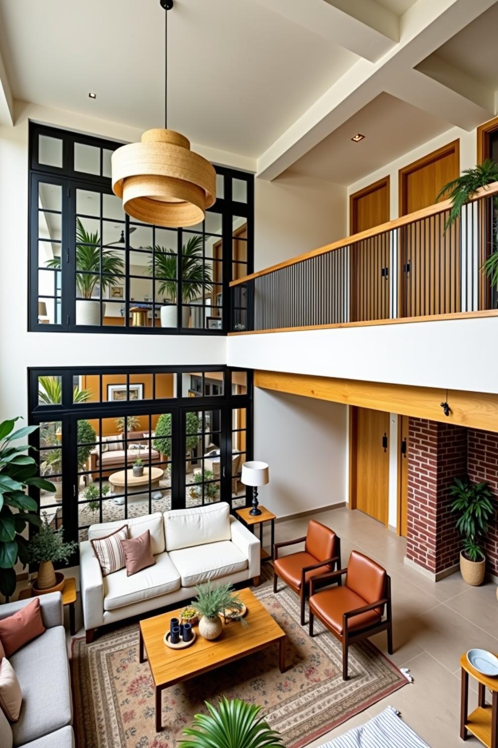 Modern loft interior with black-framed windows and greenery