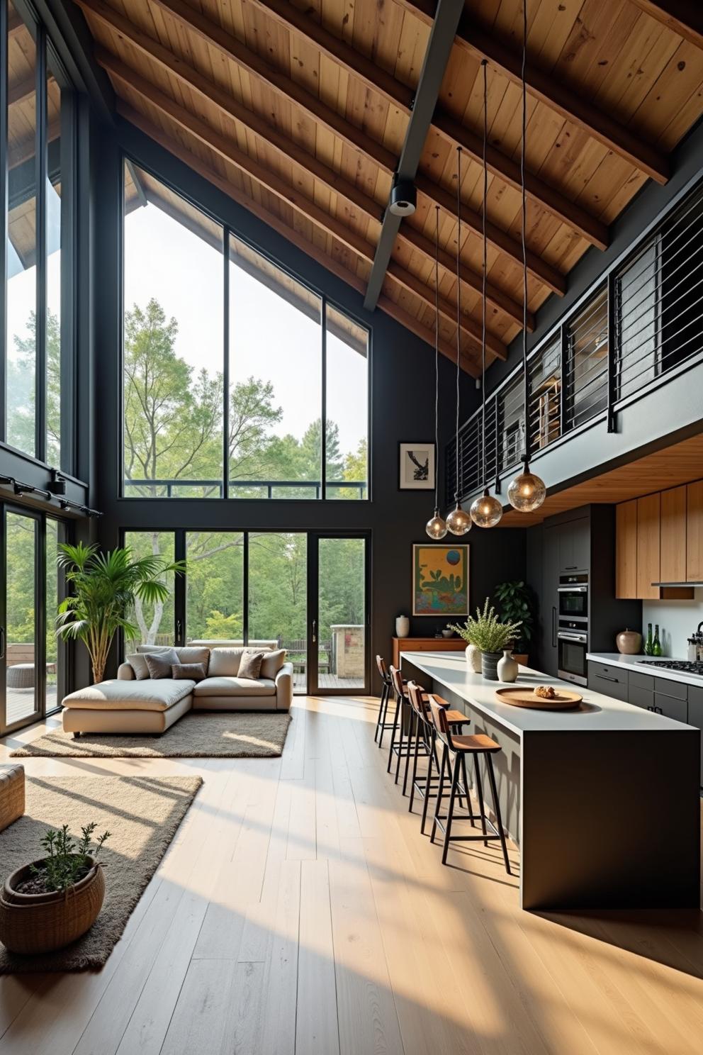 Modern loft with large windows and wooden accents