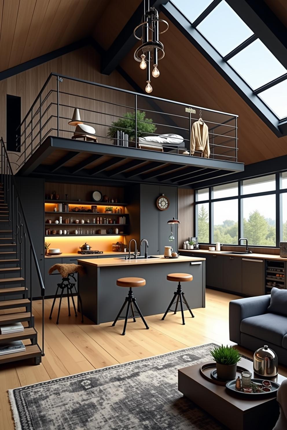 Loft interior with a kitchen and mezzanine