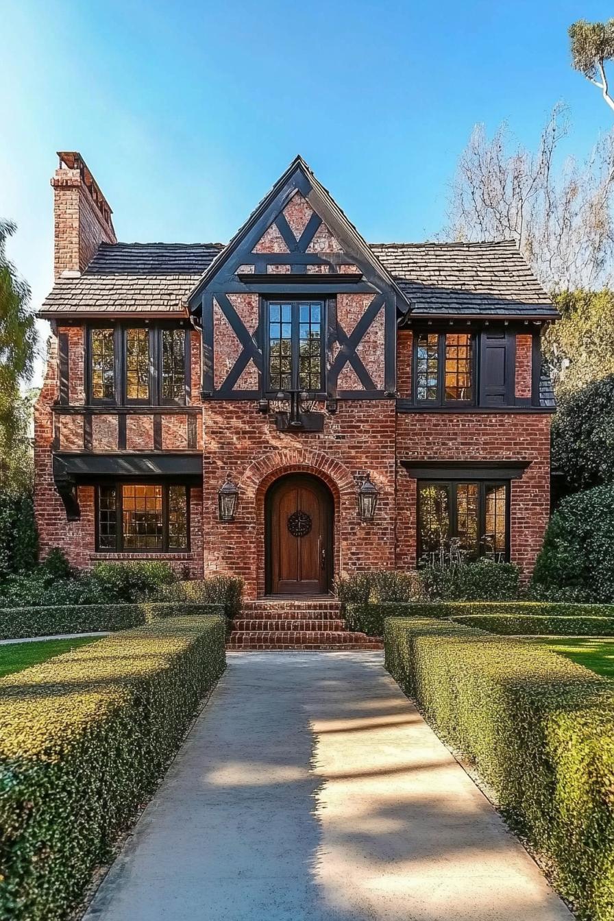 Red brick Tudor house with black timber accents and lush greenery